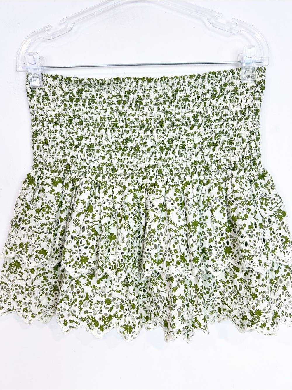 ZARA SMOCKED WAIST GREEN FLORAL TIERED MINI SKIRT WOMENS MEDIUM